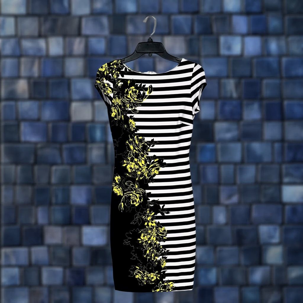 Vintage Cache Dress Womens Black White Stripe Yellow Floral Stretch Sheath Bodycon XS Size XS / US 0-2 / IT 36-38 - 1 Thumbnail