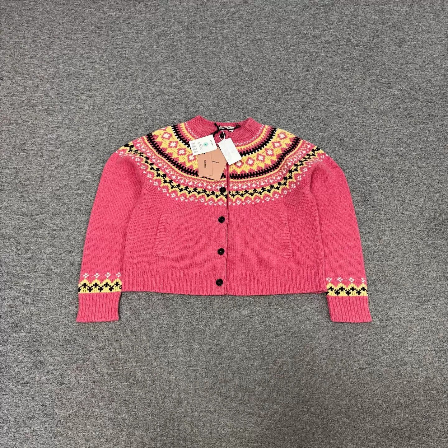 Miu Miu MIU MIU Women's Pink Fair Isle Short Knit Cardigan 40 Size S / US 4 / IT 40 - 1 Thumbnail