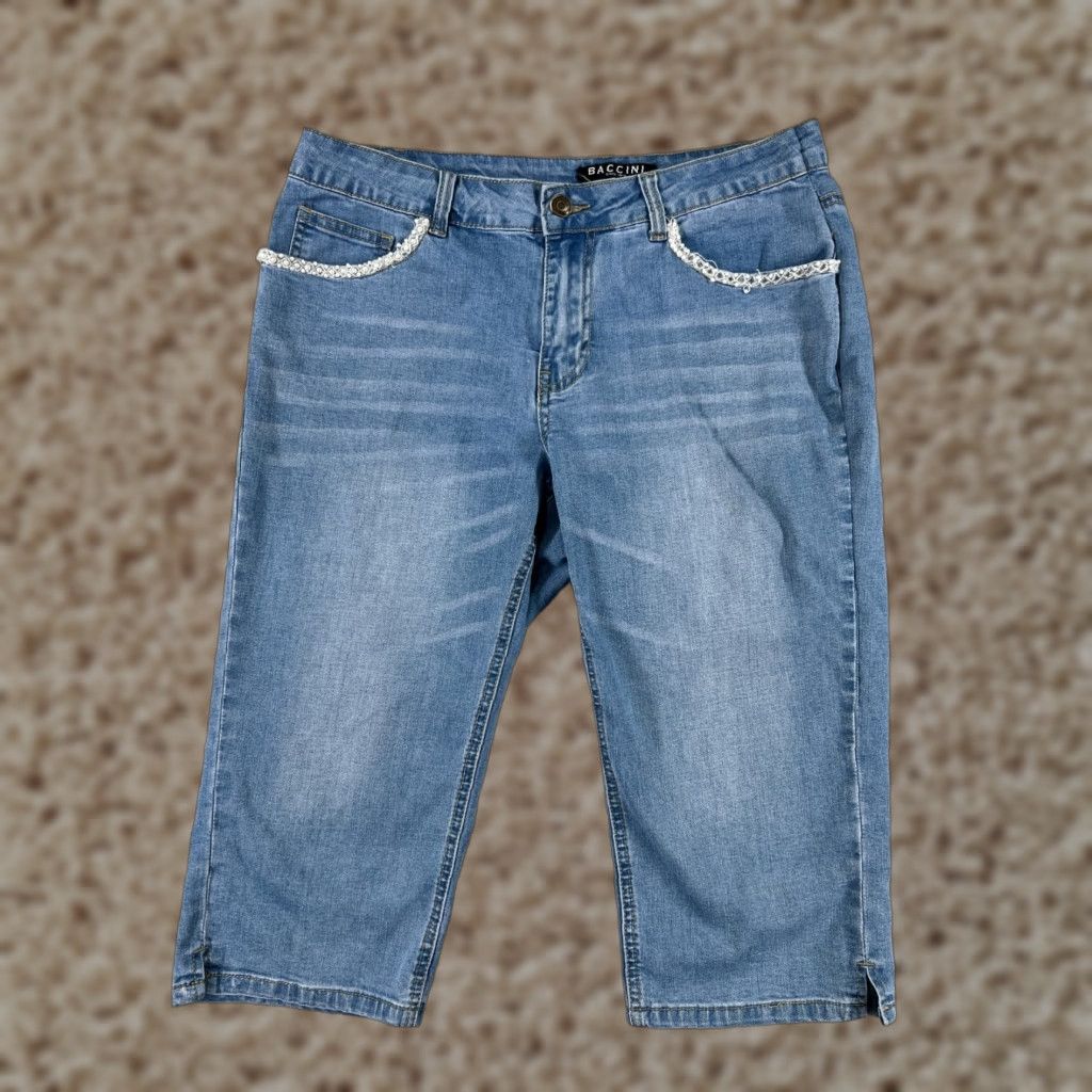 Vintage Baccini Jeans Women 8P Capri Blue Denim Pearls Embellished Cotton Blend Size 30" / US 8 / IT 44 - 1 Thumbnail