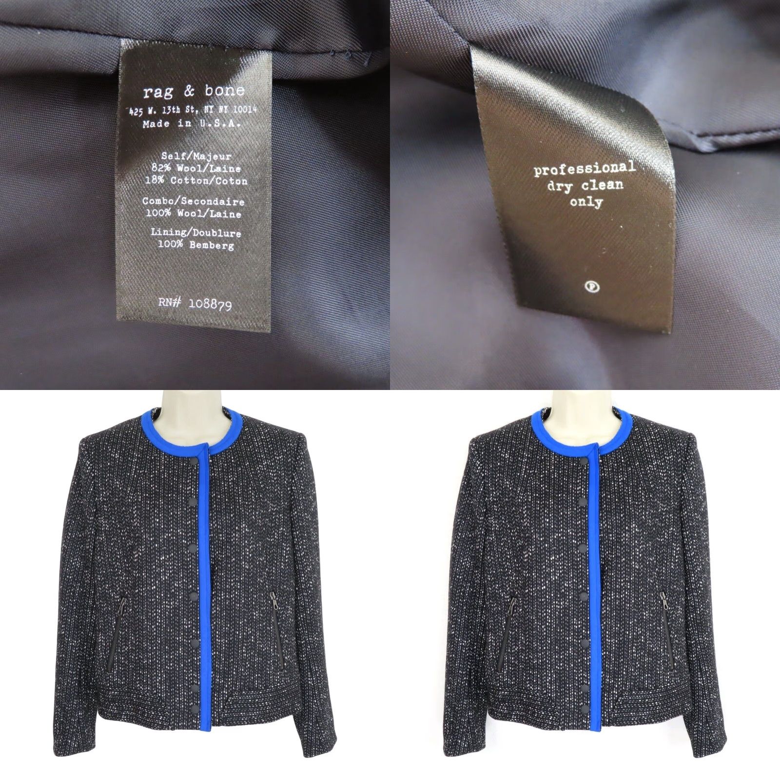 Rag & Bone Rag & Bone Womens Jacket 6 Black Blue Wool Tweed Snap Closure Pockets Zip Shirt? Size M / US 6-8 / IT 42-44 - 8 Thumbnail