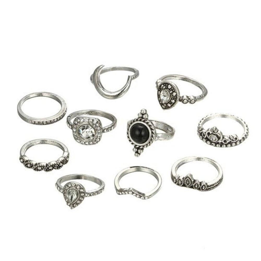 Designer 10pcs Vintage Rhinestone Knuckle Midi Stacking Boho Ring Set Size ONE SIZE - 7 Thumbnail