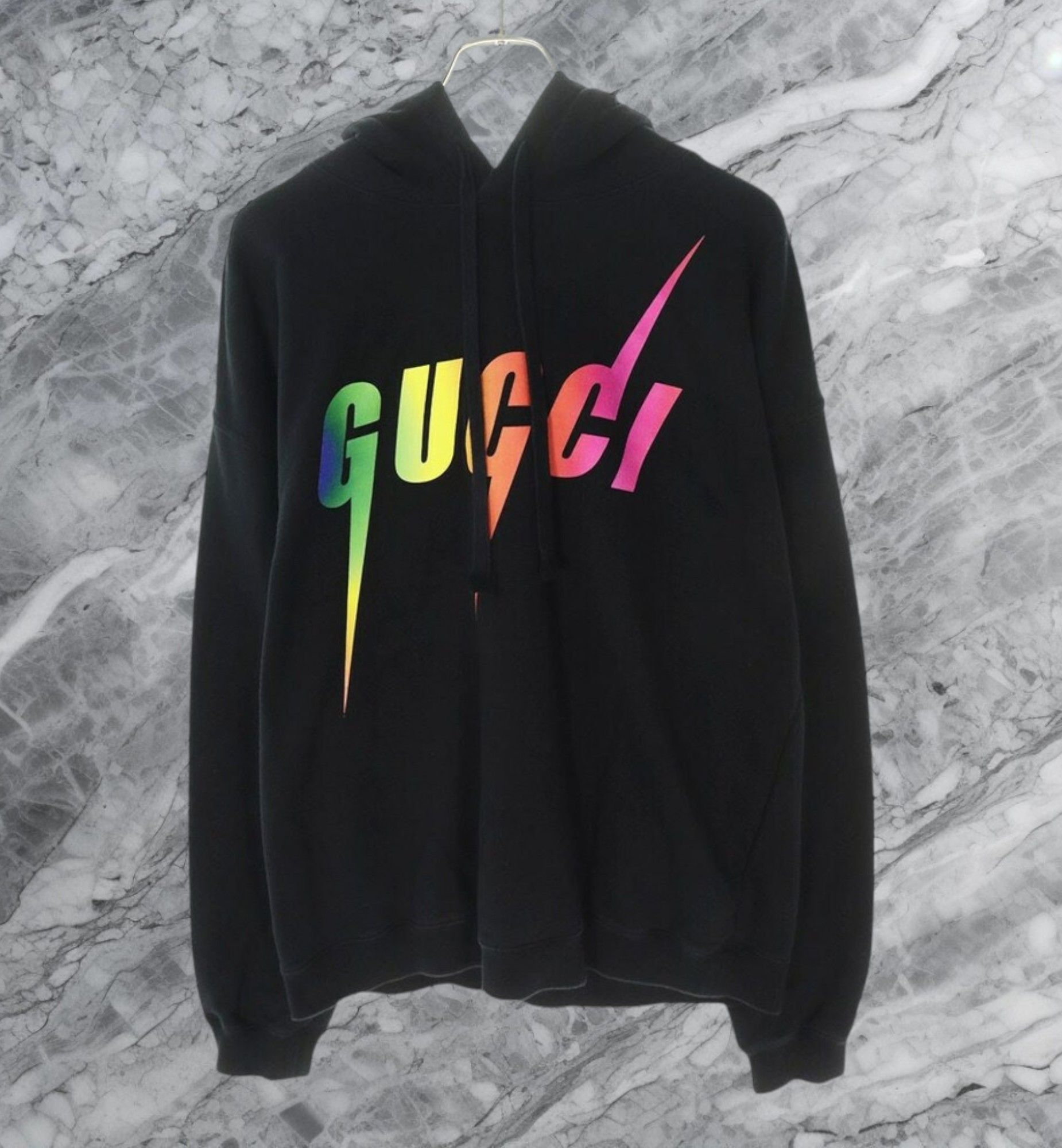 Gucci GG Blade Rainbow Printed Logo Felted Cotton Hoodie