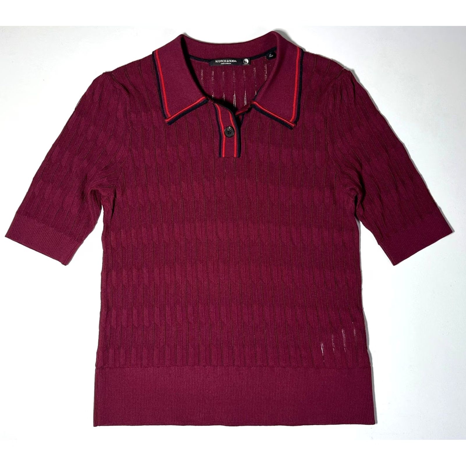 Scotch & Soda Scotch & Soda Women's Polo Shirt Wool Cable Knit Short Sleeve Pullover with Spread Collar Wine M Size M / US 6-8 / IT 42-44 - 3 Thumbnail