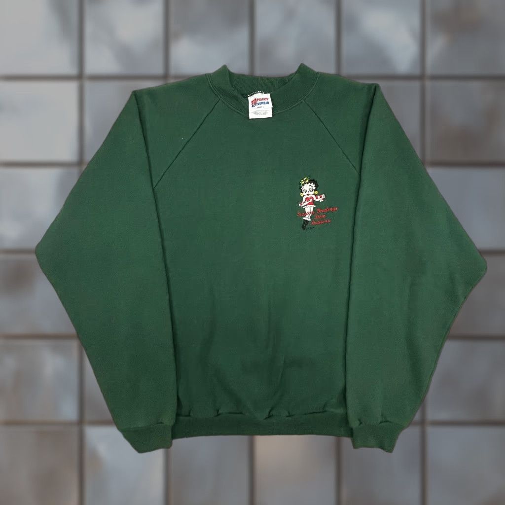 Hanes VINTAGE Hanes Christmas Betty Boop Sweatshirt Mens XL Green Raglan Crew Neck Pullover Graphic Print 90s Hanes Activewear Size US XL / EU 56 / 4 - 1 Thumbnail