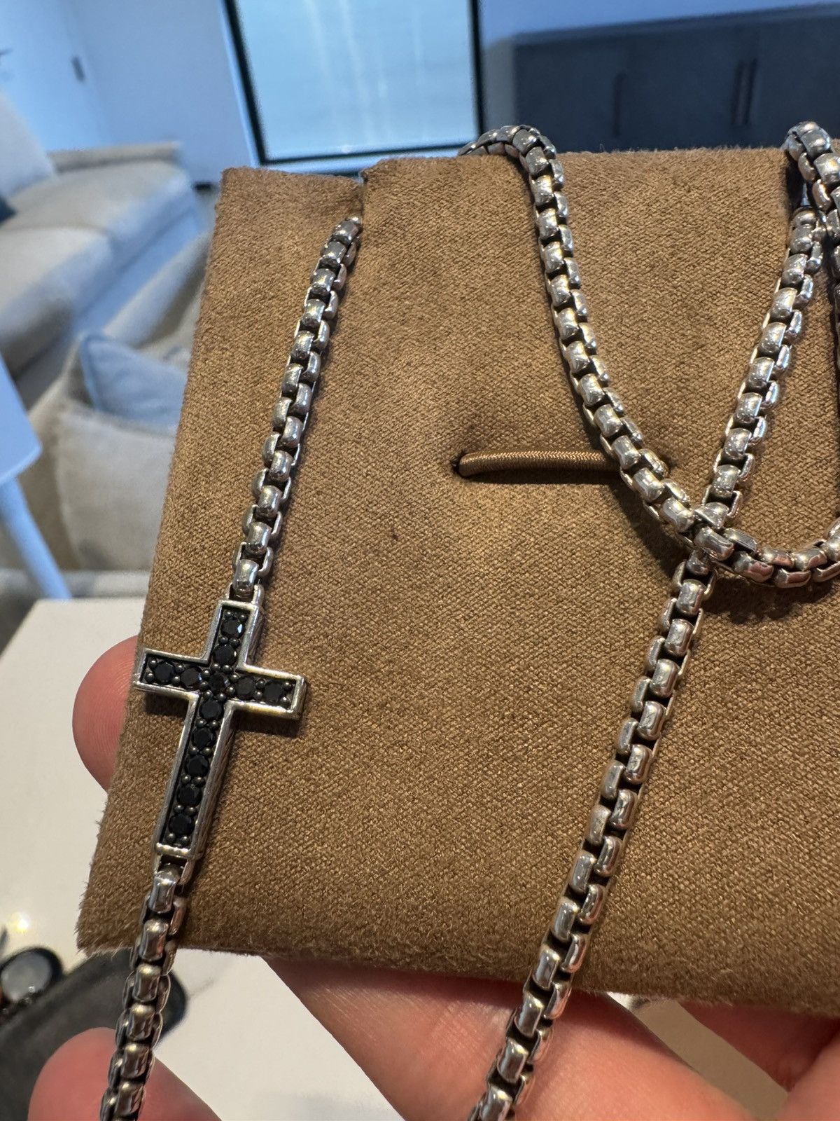 CROSS STATION NECKLACE- Sterling Silver &Black Diamonds