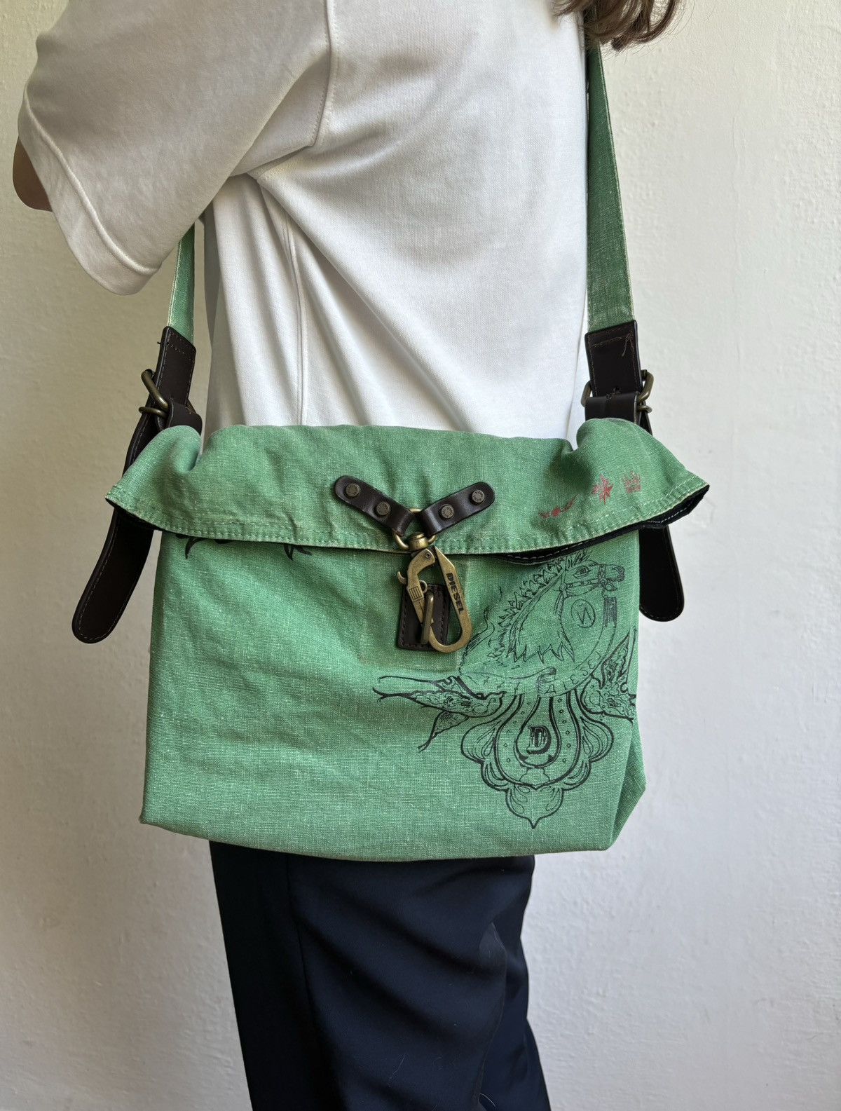 image of Diesel Spare Parts Vintage Messenger Crossbody Bag in Green, Men's