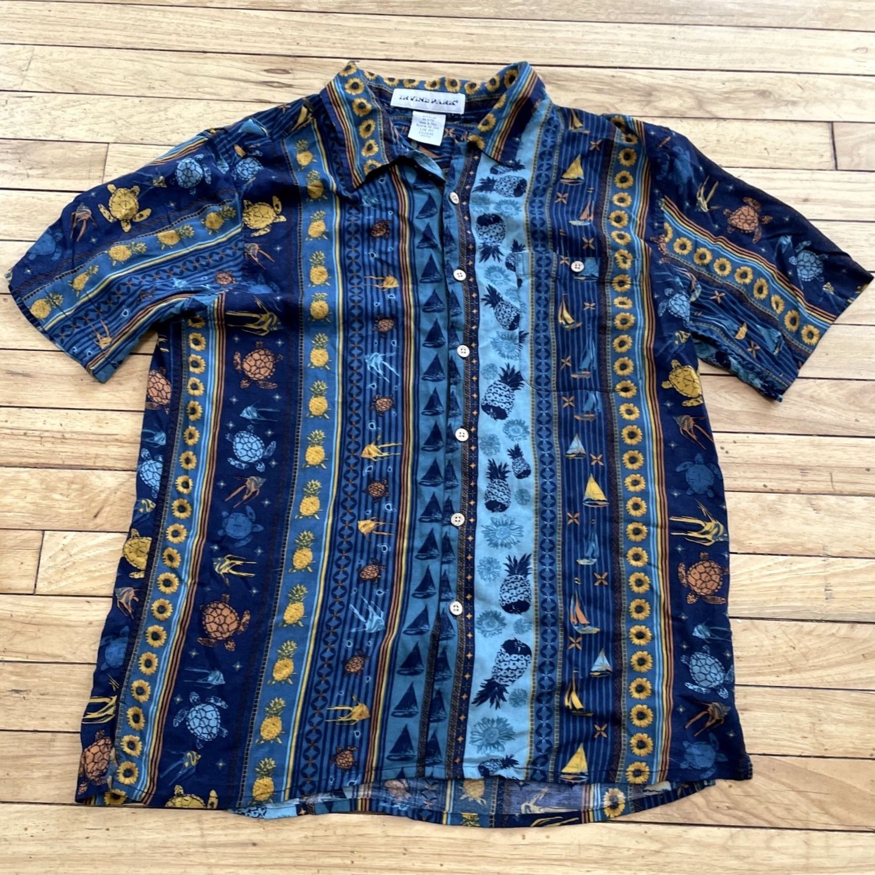 Vintage Irvine Park Button Shirt Men L Stripe Blue Sunflowers Pineapple Turtle Sail Boats Beach Hawaiian Size US L / EU 52-54 / 3 - 3 Thumbnail