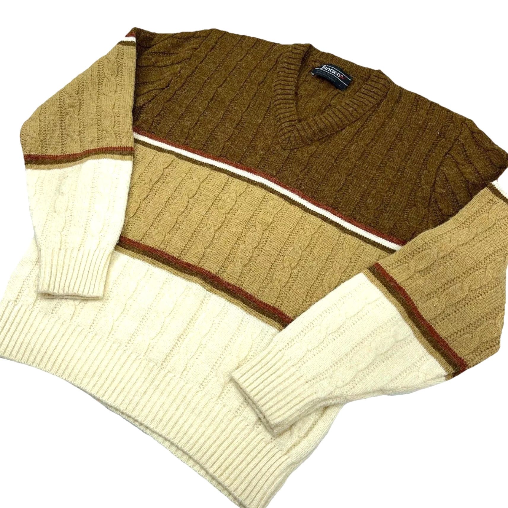 Jantzen Vintage Jantzen Men's Sweater L Cable Knit Brown Acrylic V-Neck Classic Pullover Fall Winter Seasonal Size US L / EU 52-54 / 3 - 2 Thumbnail