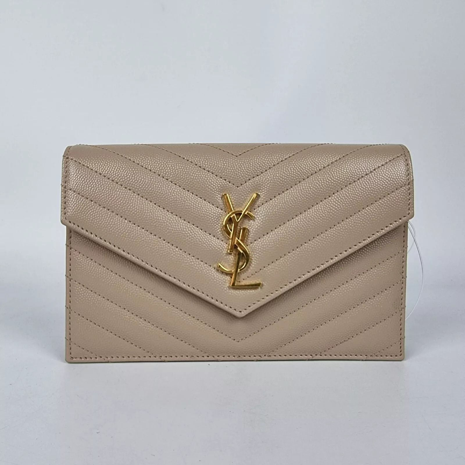 Saint Laurent Paris YSL Cassandre Envelope Dk Beige Grained Chain Wallet Size ONE SIZE - 1 Thumbnail