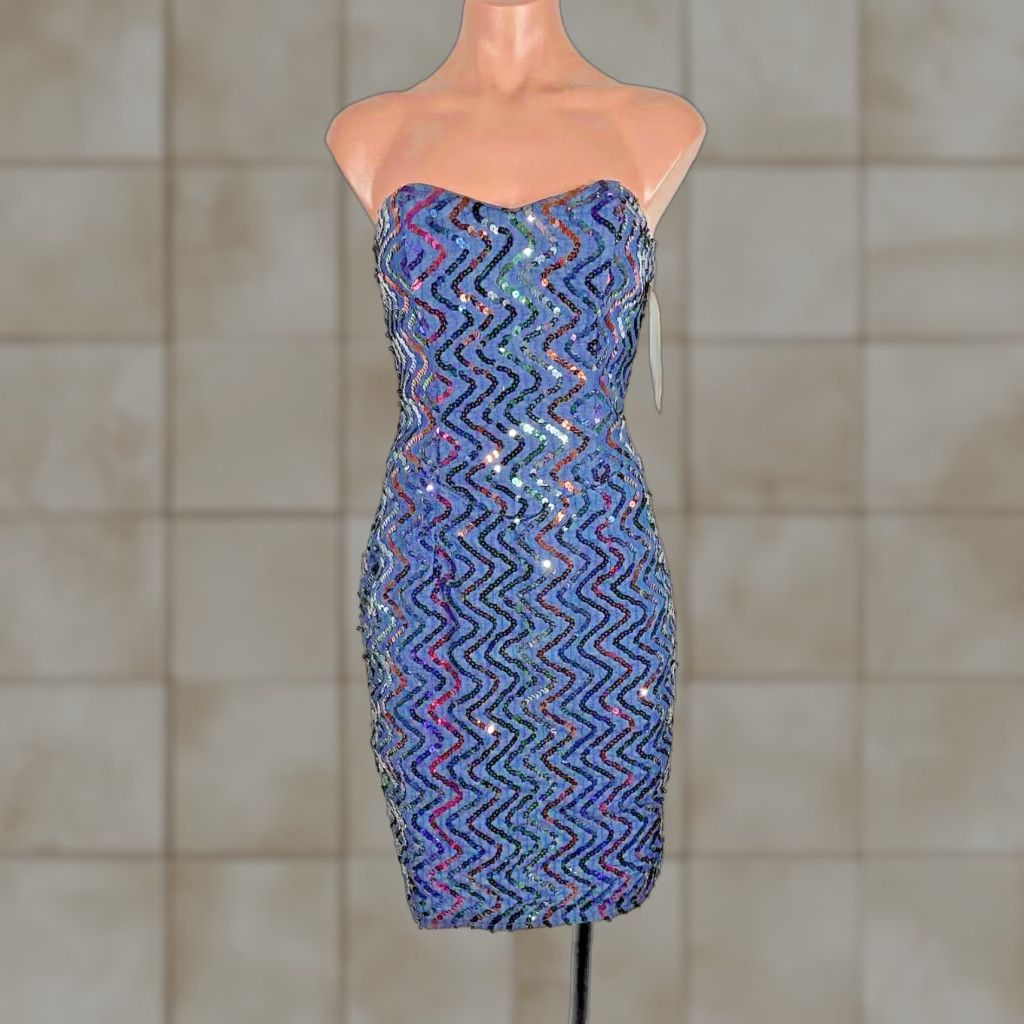 JESSICA MCCLINTOCK VTG 90s NWT Denim Strapless Iridescent Dress PROM Sequin Dress Shirt?