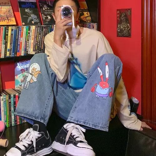 Designer Straight Cartoon Streetwear Jeans Sponge Bob Hip Hop Style Size US 30 / EU 46 - 5 Thumbnail