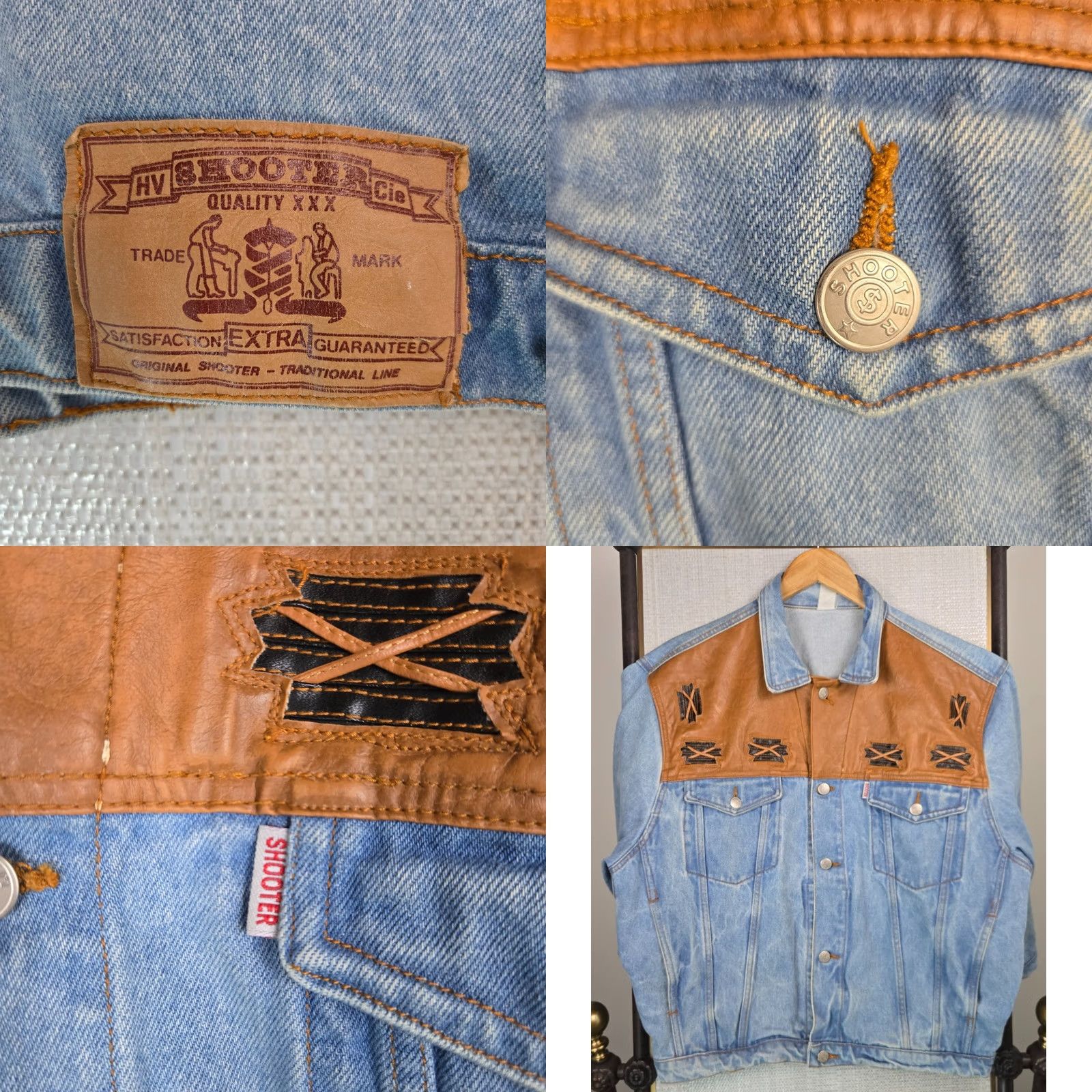 Denime SHOOTER VTG Mens Size Large Western Denim Leather Trucker Jacket Button Front Size US L / EU 52-54 / 3 - 8 Thumbnail