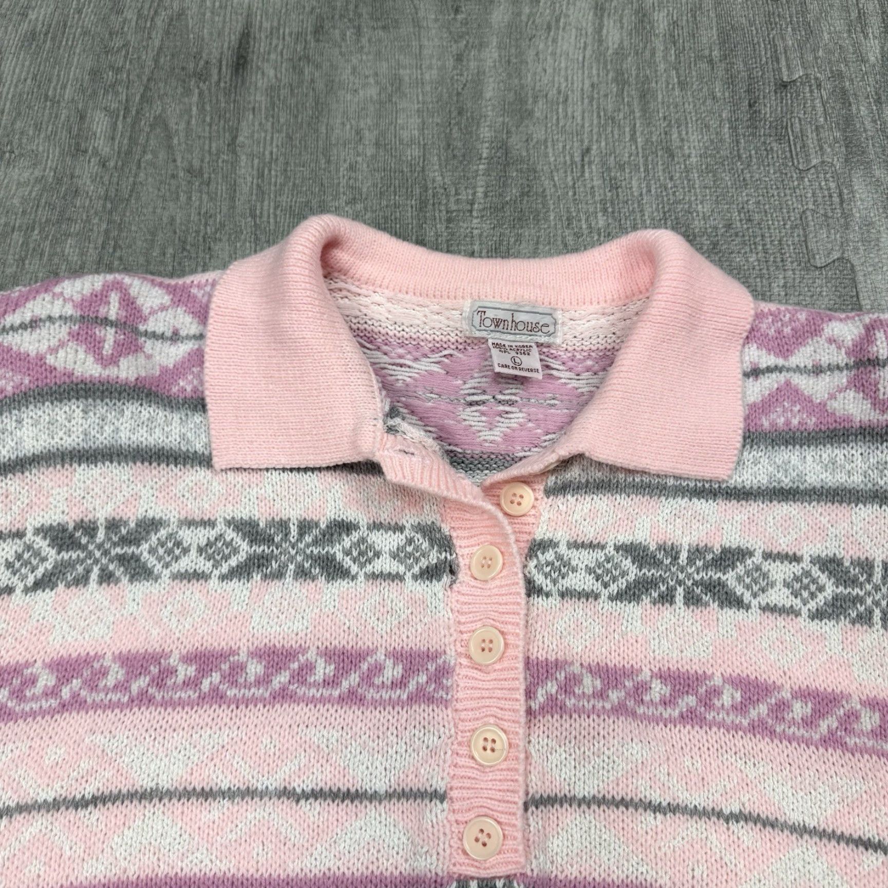 Pinko VINTAGE Townhouse 80s Women's Collared Preppy Fair Isle Pink Knit Sweater L Acrylic Size L / US 10 / IT 46 - 2 Thumbnail