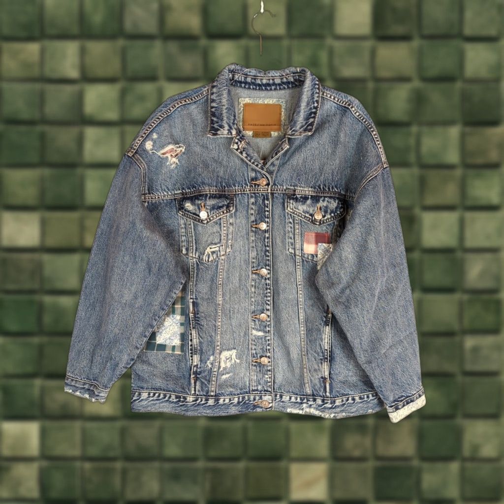 American Eagle Outfitters VINTAGE American Eagle Boyfriend Jean Jacket XL Blue Patchwork Distressed Oversized Size 40" / US 18 - 1 Thumbnail
