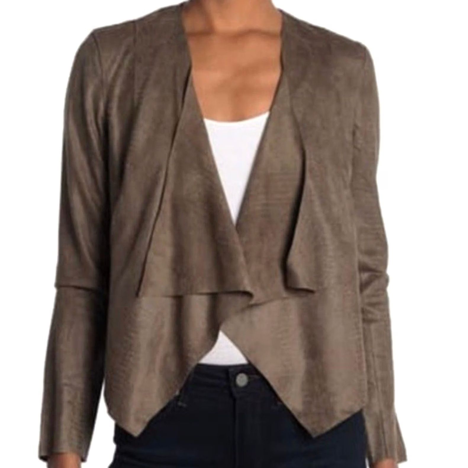Vintage DO + BE Cardigan Brown S Faux Suede Waterfall Draped Open Front High Low Size S / US 4 / IT 40 - 2 Thumbnail