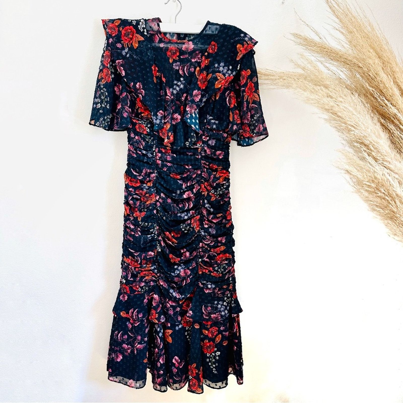 Nordstrom Keepsake Navy Blue Red White Floral Ruffle Ruche Midi Dress Size XS / US 0-2 / IT 36-38 - 2 Thumbnail