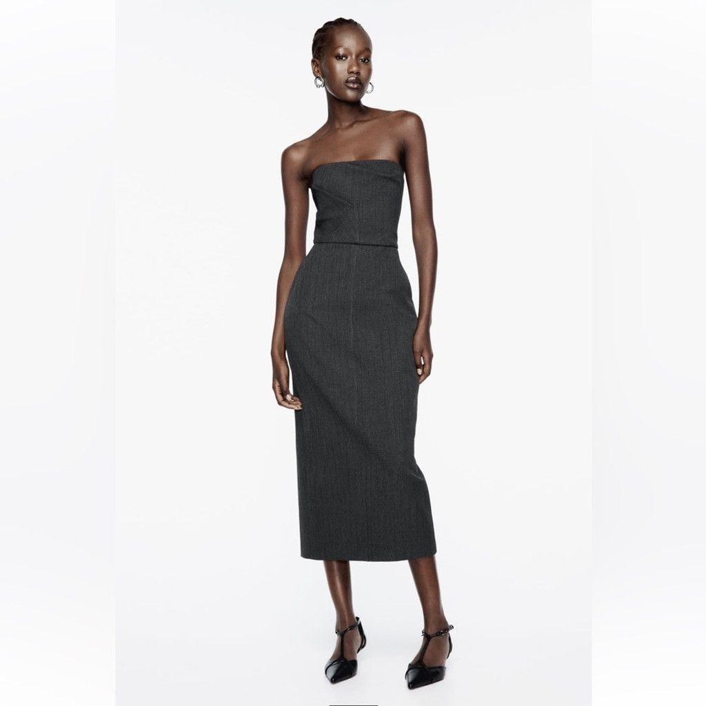 zara grey pinstripe dress ZARA Woman grey-pinstriped Bodycon dress