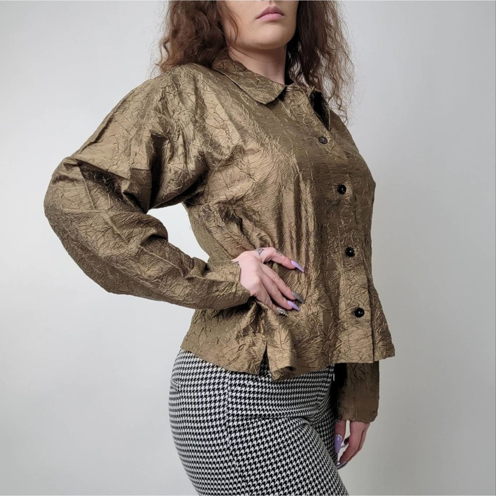 Orvis Vintage 90s Orvis Gold Ruffled Silk button Up Jacket - M Size M / US 6-8 / IT 42-44 - 1 Thumbnail