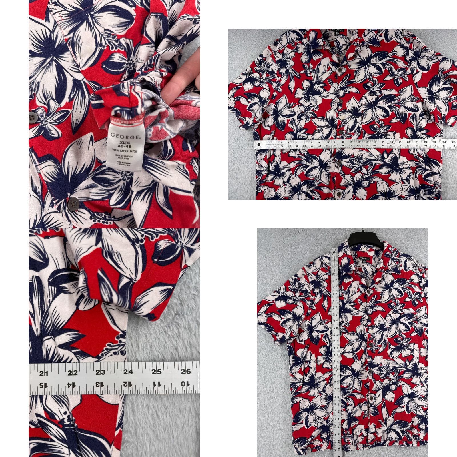 George George Shirt Adult XL Red Hawaiian Floral Short Sleeve Button-Up Cotton Mens Size US XL / EU 56 / 4 - 8 Thumbnail
