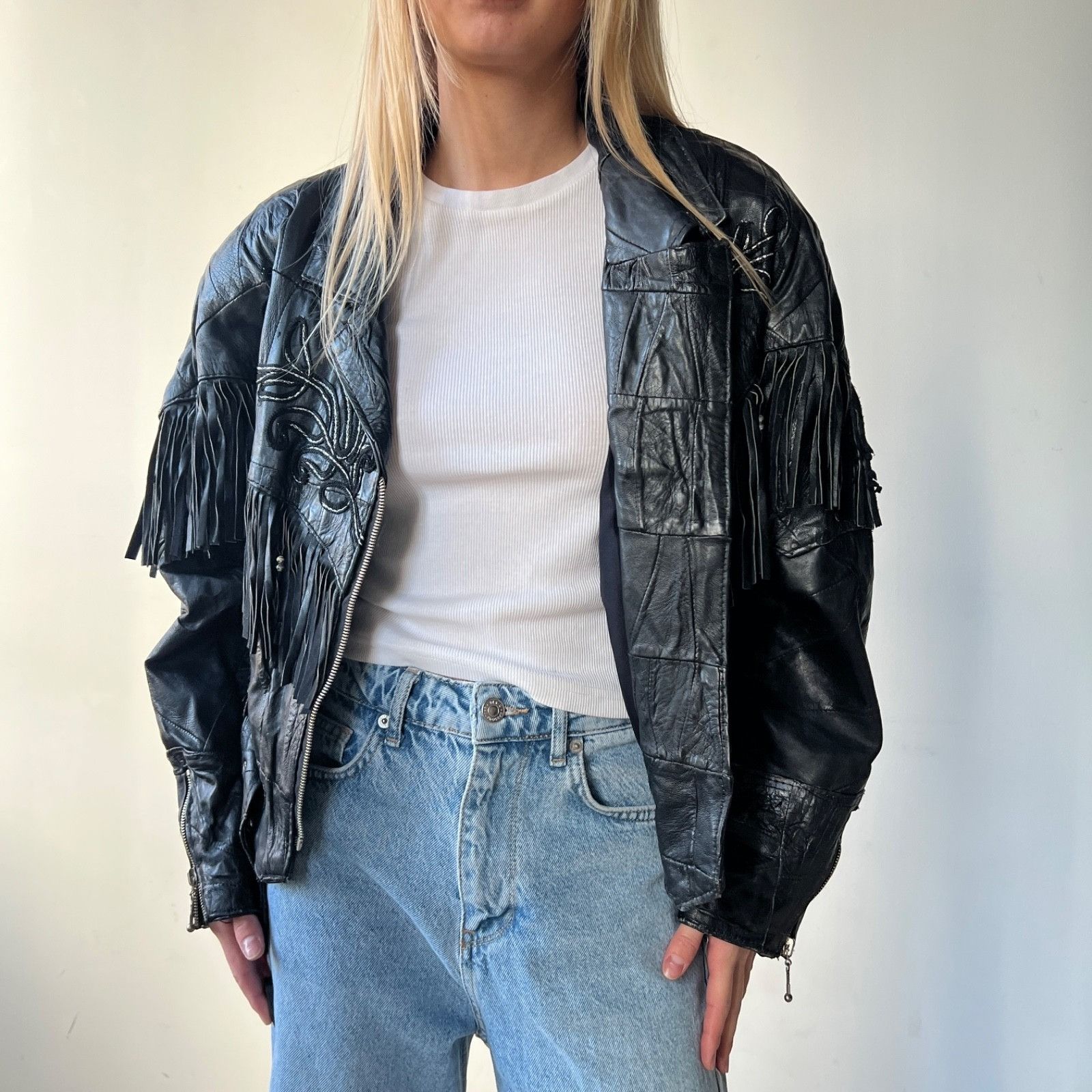 Leather Vintage Leather Fringe Western Biker Patchwork Jacket 9723AC Size S / US 4 / IT 40 - 3 Thumbnail