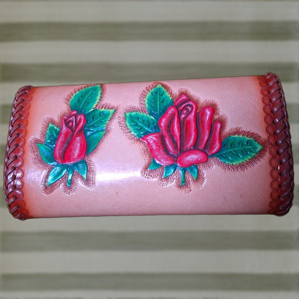 Vintage VINTAGE Tooled Leather Wallet Trifold Checkbook Holder FAYE Red Roses Floral Women 7.5" Brown Leather Photo Pen Holder Hippie Accessories Size ONE SIZE - 1 Thumbnail