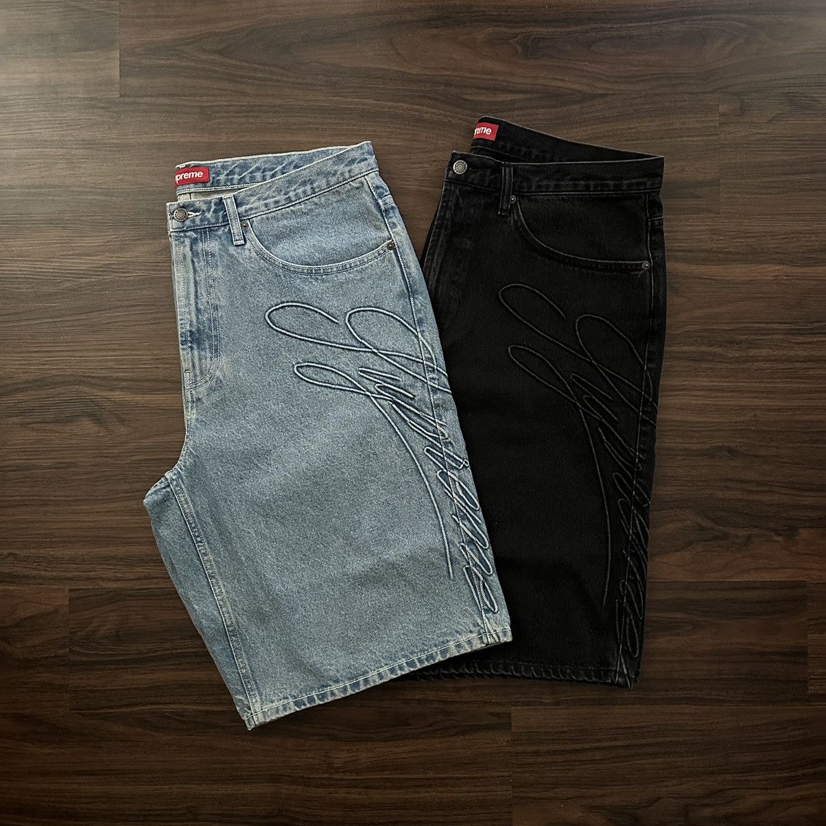 image of Supreme Script Baggy Denim Shorts in Black, Men's (Size 36)