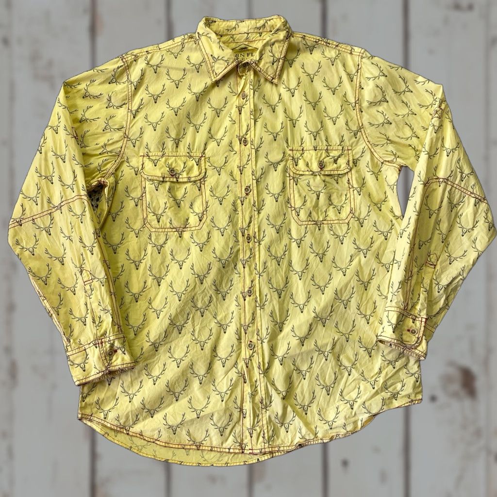 Vintage Barn Fly Shirt Elk Head Print Large Yellow Cotton Button-Up Collared Long Sleeve Men Casual Travel 90s Designer Pattern Animal Print"} Size US L / EU 52-54 / 3 - 1 Thumbnail