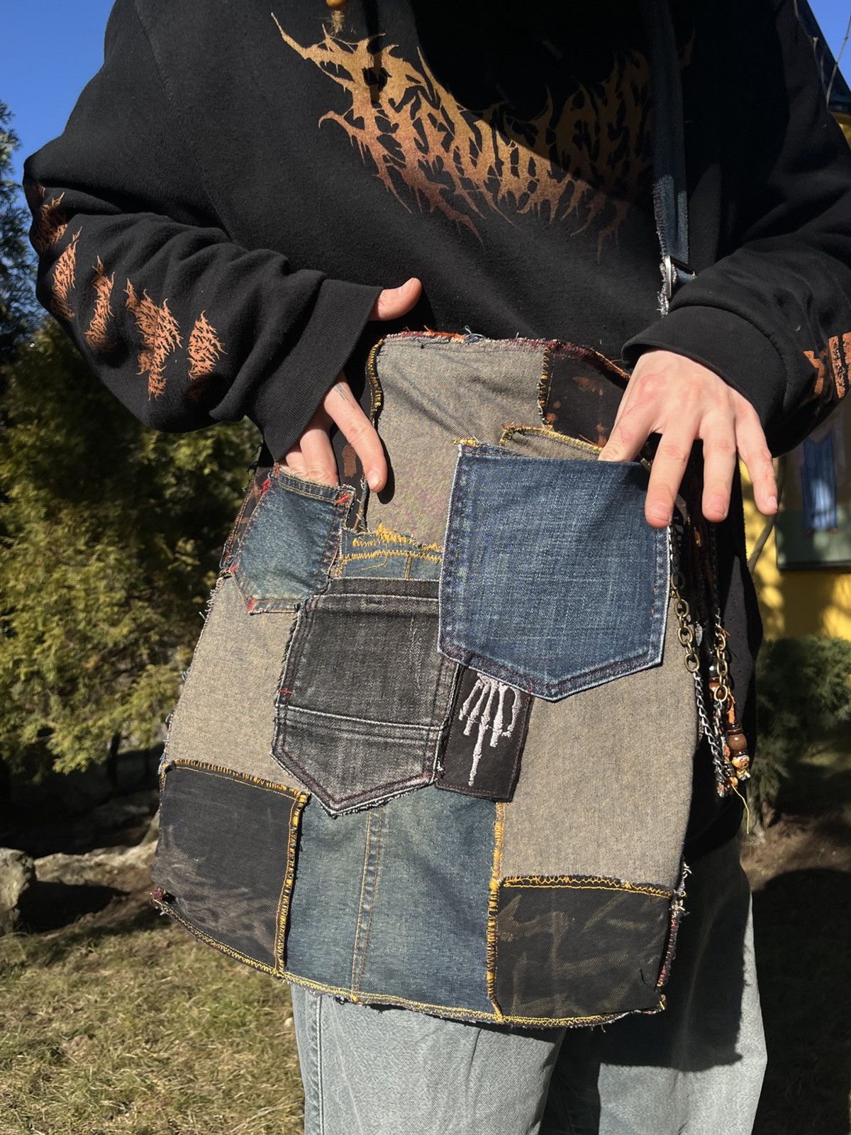 Handmade Custom 1-of-1 Metallica Patchwork Bag/Upcycled Denim & Suede Size ONE SIZE - 18 Thumbnail