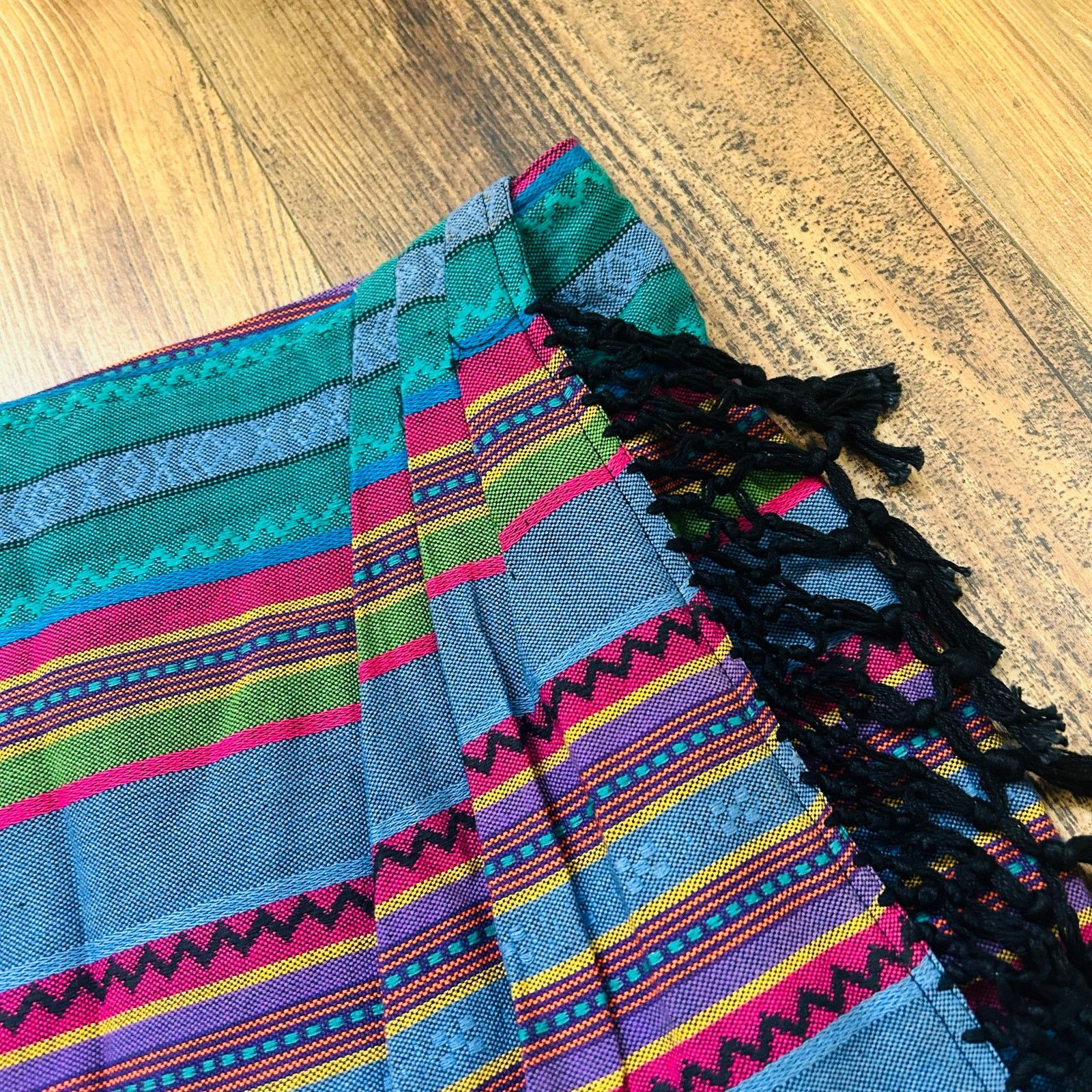 Vintage 90s Vintage Boho Mini Skirt Striped Fringe Cotton Large Size 31" - 6 Thumbnail