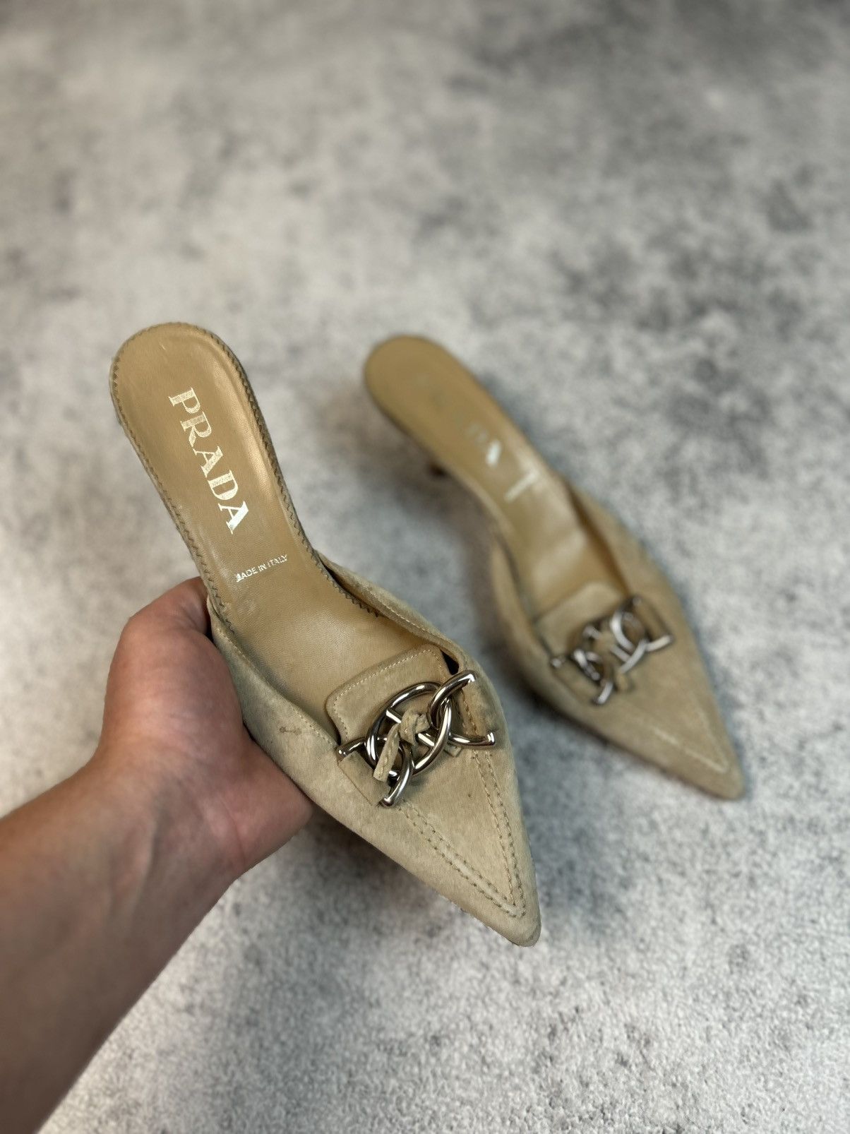 Prada Prada Vintage Tan Suede Chain Link Kitten Mule Heels Size US 7.5 / IT 37.5 - 1 Thumbnail