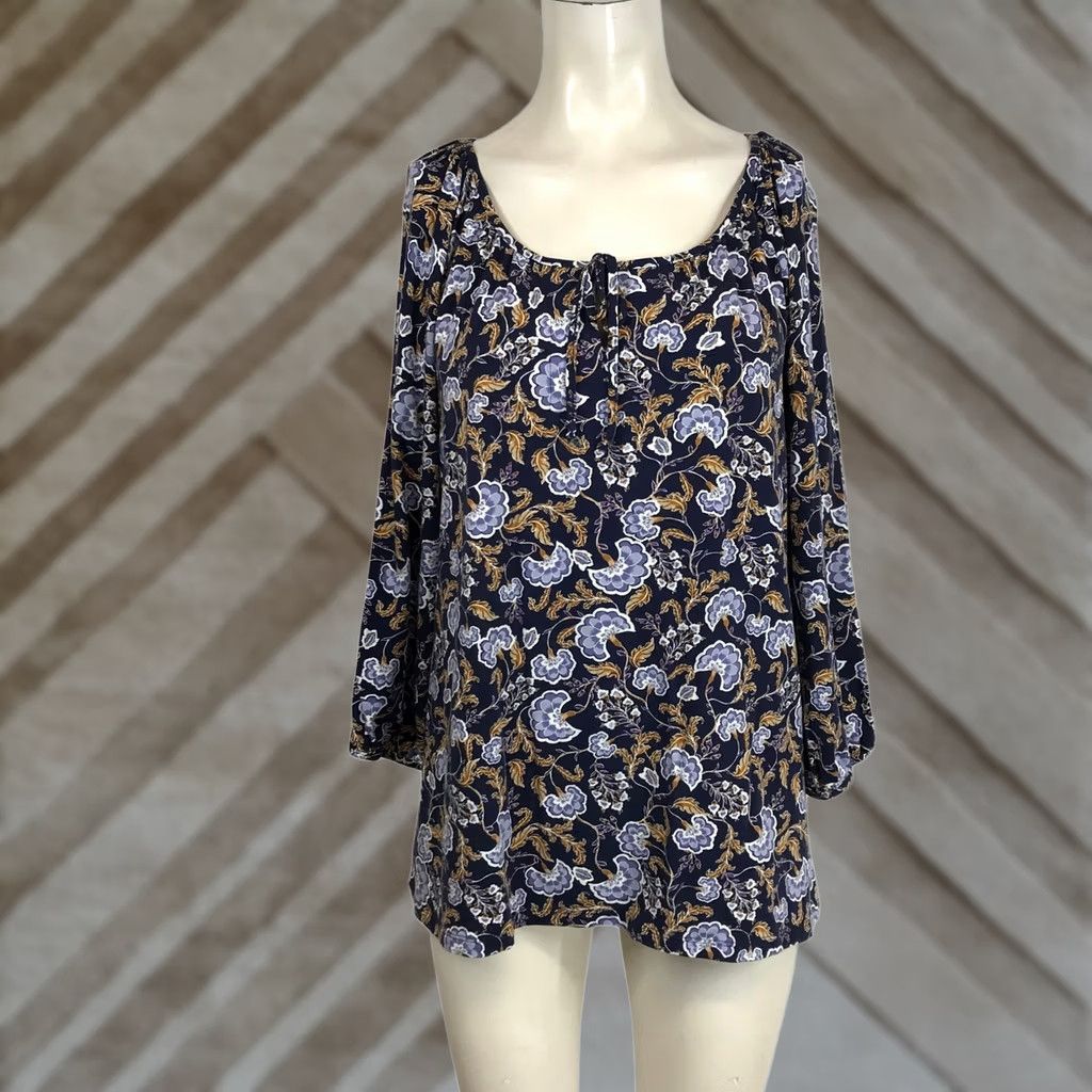 Vintage Garnet Hill Blouse Floral Print Tie Neck 3/4 Sleeve Navy Blue Women's Size S Size S / US 4 / IT 40 - 1 Thumbnail