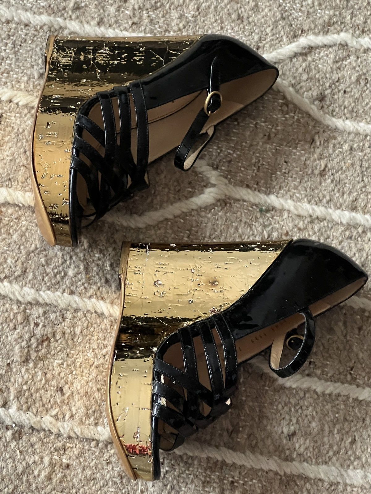 Yves Saint Laurent Yves Saint Laurent Black Leather Straps Gold Cork Wedge Size US 7 / IT 37 - 10 Thumbnail