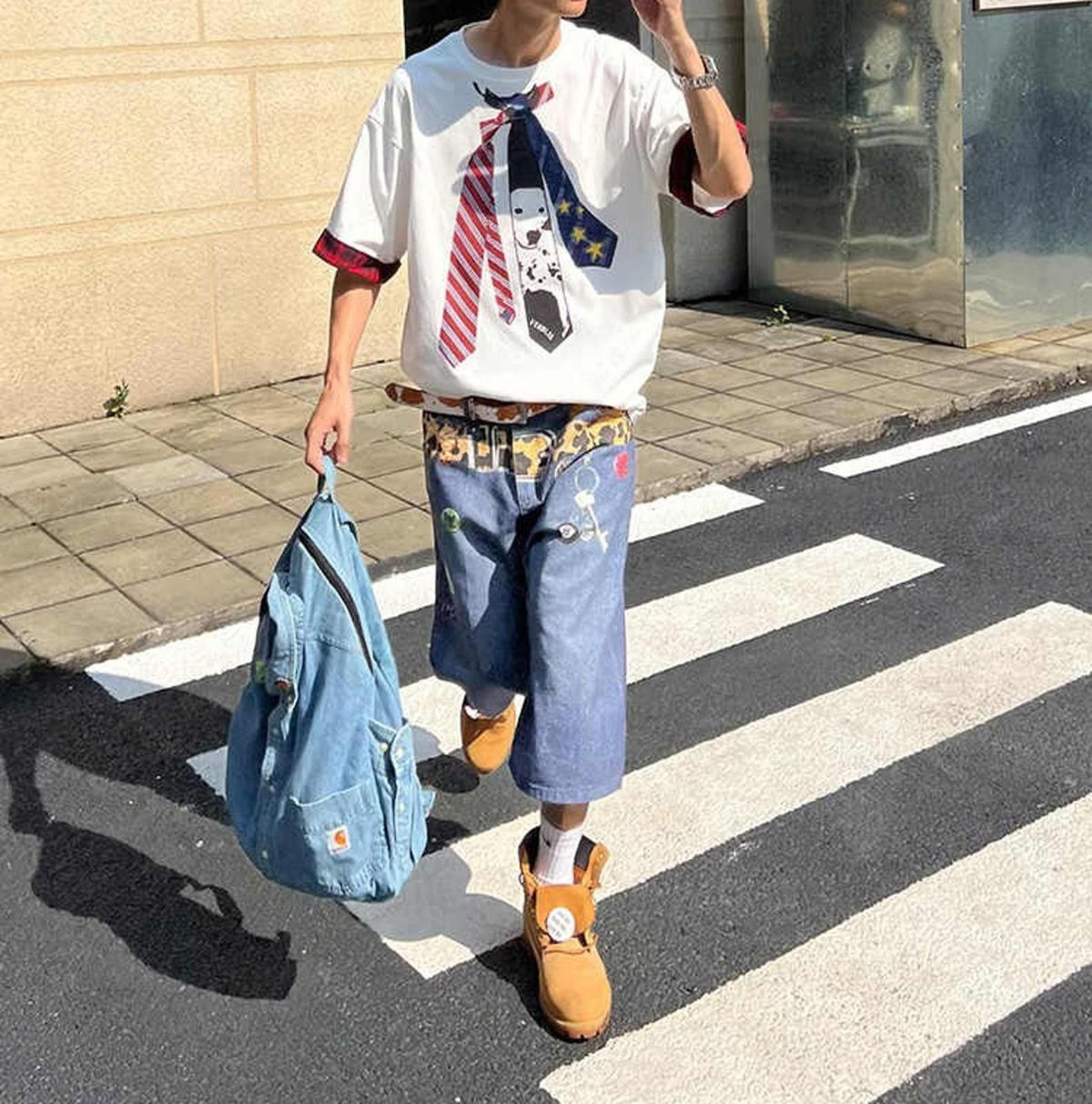 Jean × Vintage Denim Jorts with Unique Belt Patchwork Print Size US 30 / EU 46 - 4 Thumbnail