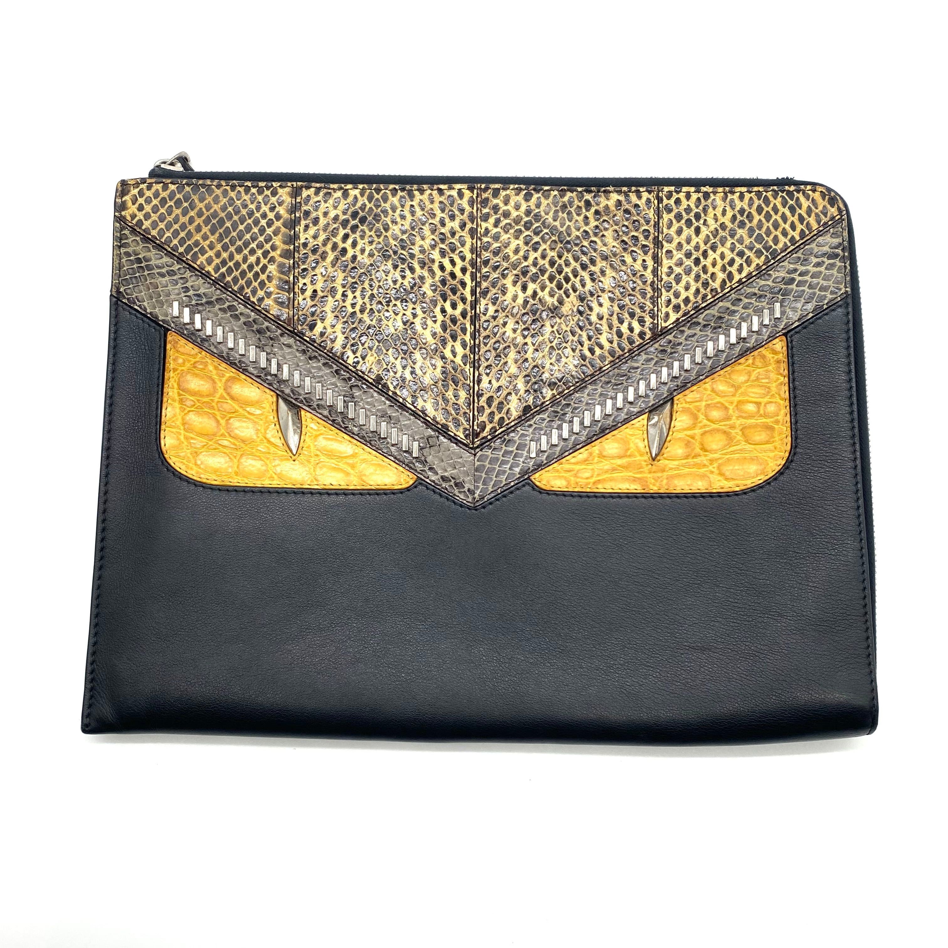 Leather Clutch Fendi Monster Fendi Monster Black Pebbled Leather