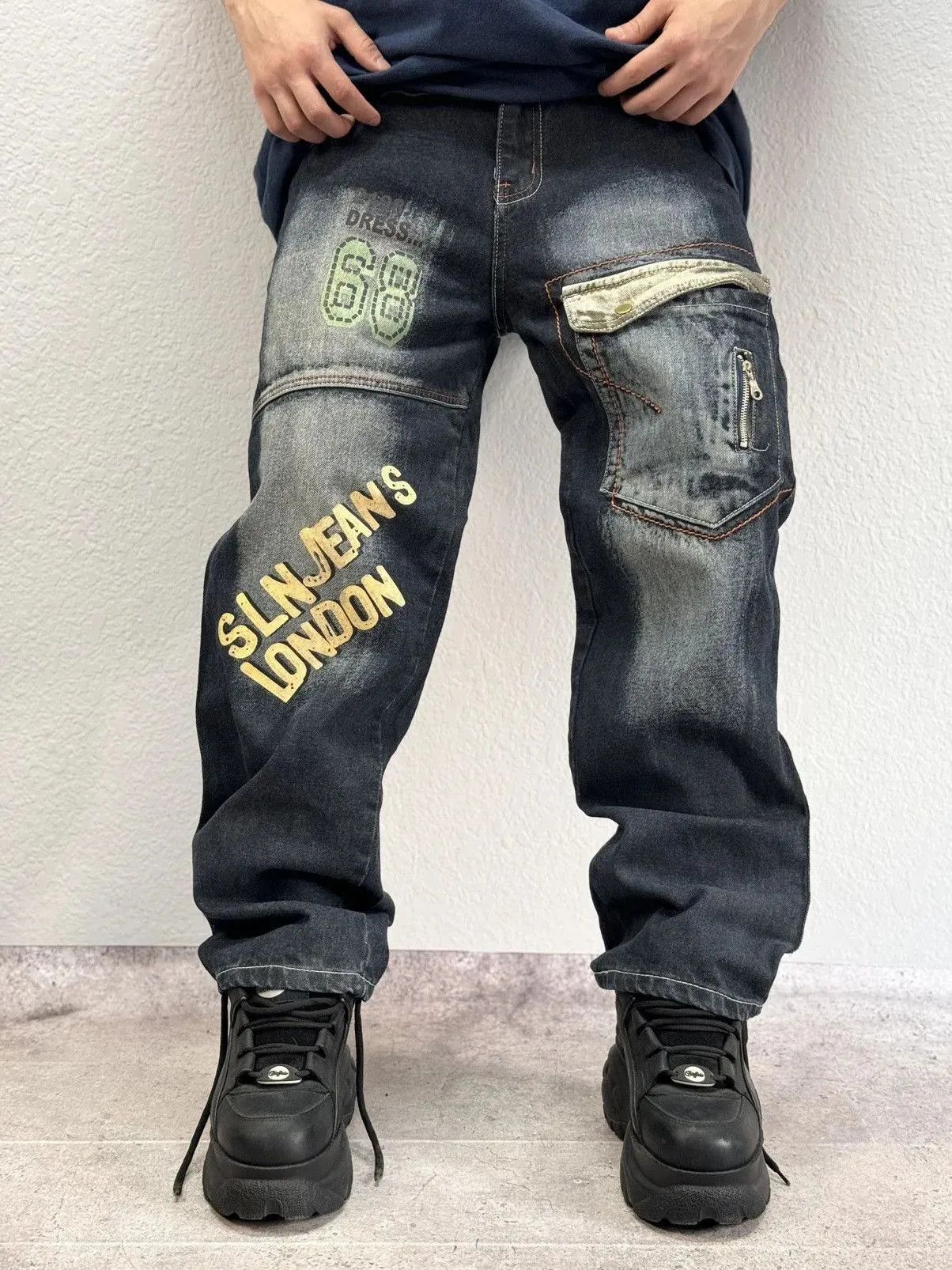 JNCO VINTAGE Y2K CYBER WING DENIM RAW BLUE BAGGY SEQUIN JEANS 36 Size US 31 - 1 Thumbnail