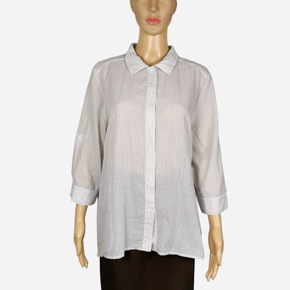 Chicos Chico's Pleated Back Hi-Low Roll Tab 3/4 Sleeve Striped Blo Size L / US 10 / IT 46 - 1 Thumbnail