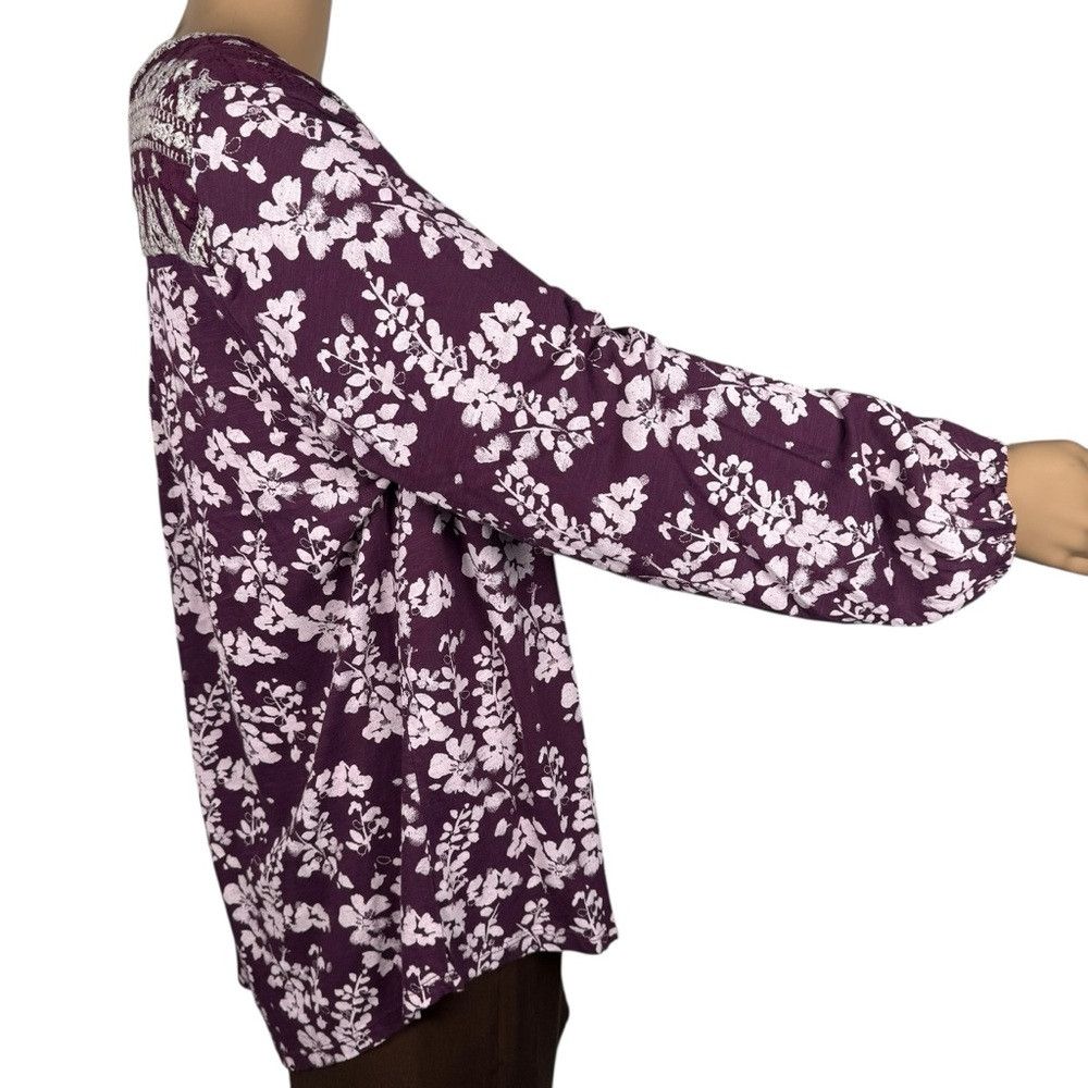 Lucky Brand NWT New $70 Lucky Brand Split Neck Purple Floral Cotton Top Size XL / US 12-14 / IT 48-50 - 4 Thumbnail