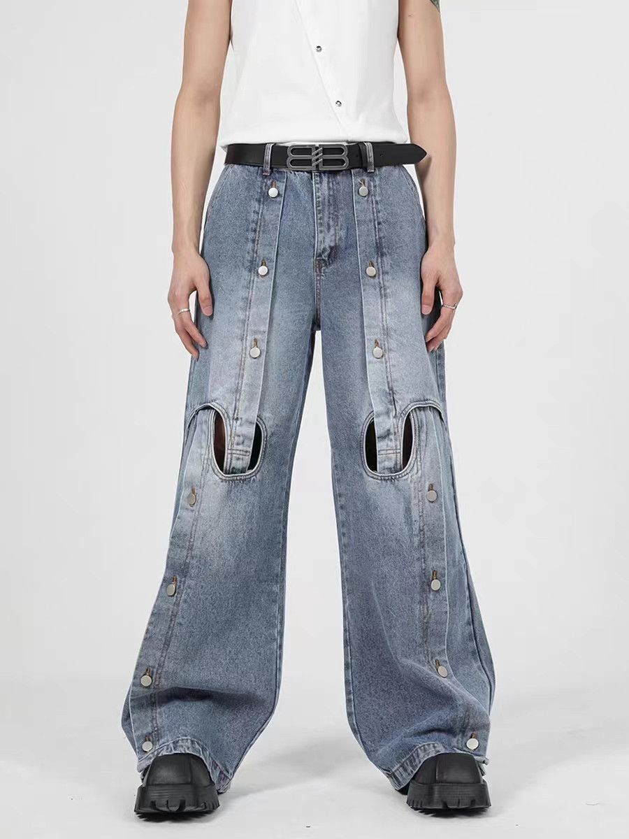 image of Wide-Leg Jeans With Heavy-Duty Hollow Metal Buttons in Blue, Men's (Size 32)