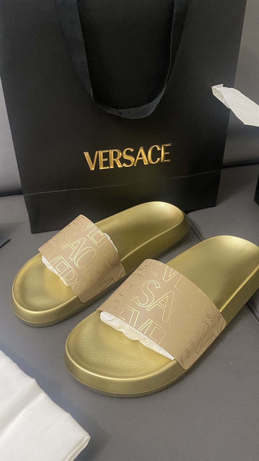 Versace Gold Allover open-toe slides