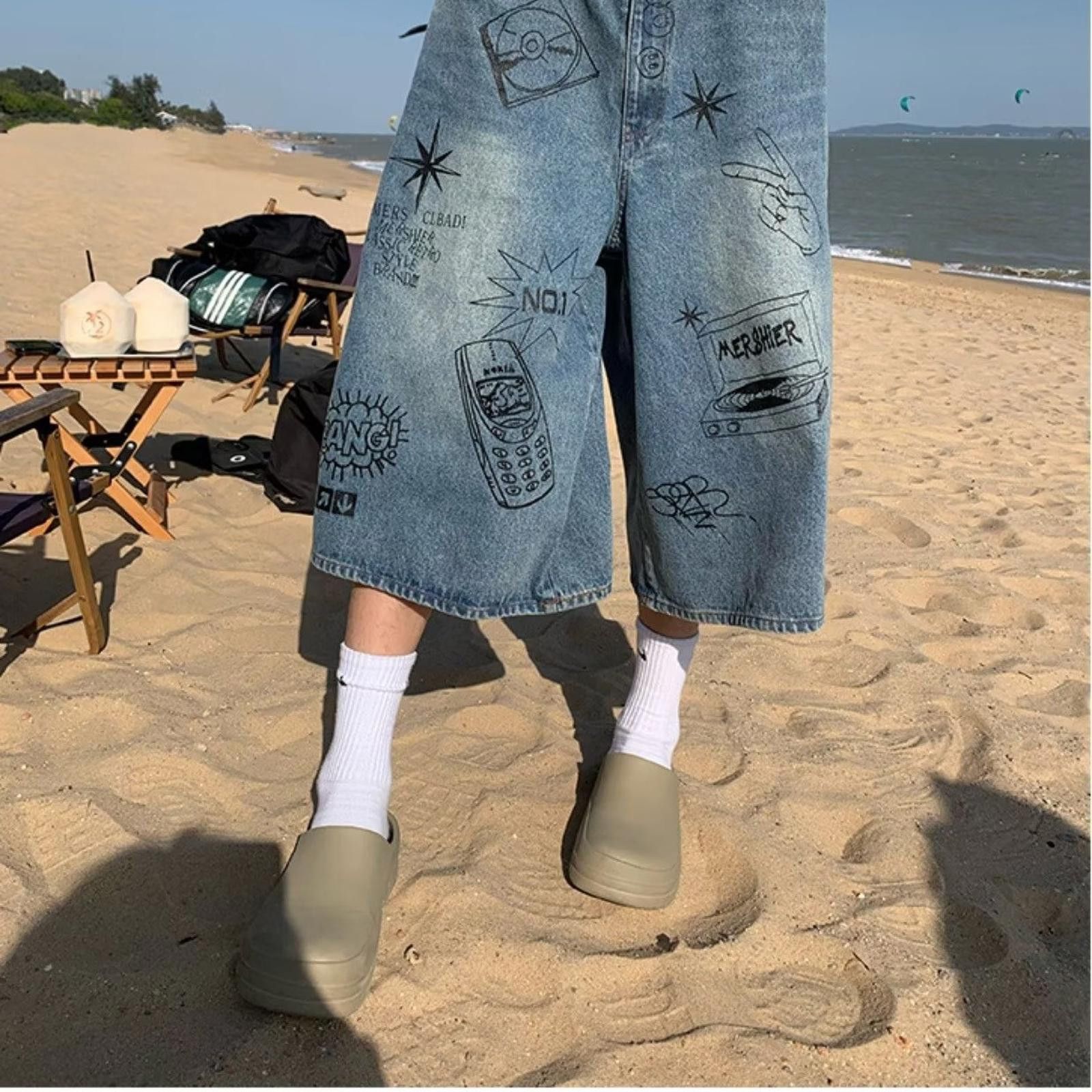 Graffiti Graphic Wide-Leg Denim Shorts