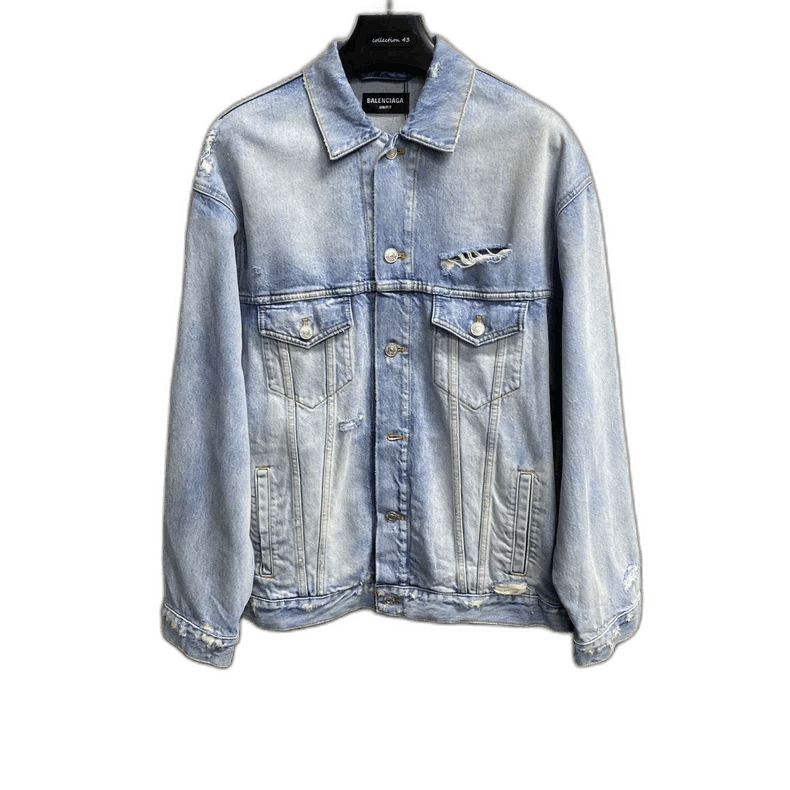 Balenciaga Light Blue Fringe Logo Denim Jacket-2506