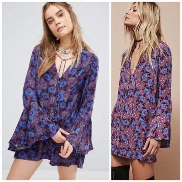 Free People FREE PEOPLE Purple Blue Boho Floral Mystery Tunic Blouse Size M / US 6-8 / IT 42-44 - 1 Thumbnail