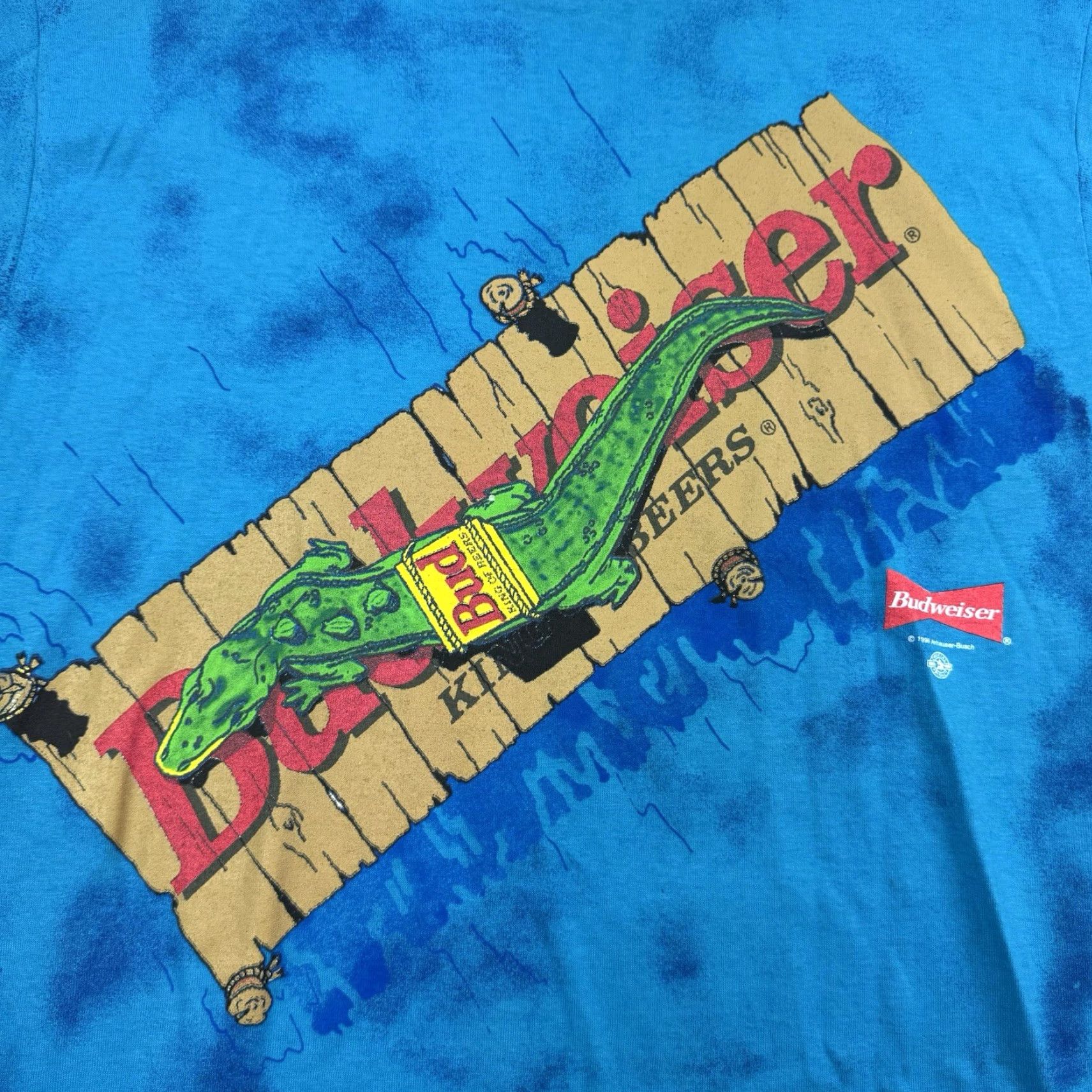 Budweiser VINTAGE Novel Tees Beer T-Shirt Mens Large Blue 90s Alligator Tie Dye Promo Size US L / EU 52-54 / 3 - 2 Thumbnail
