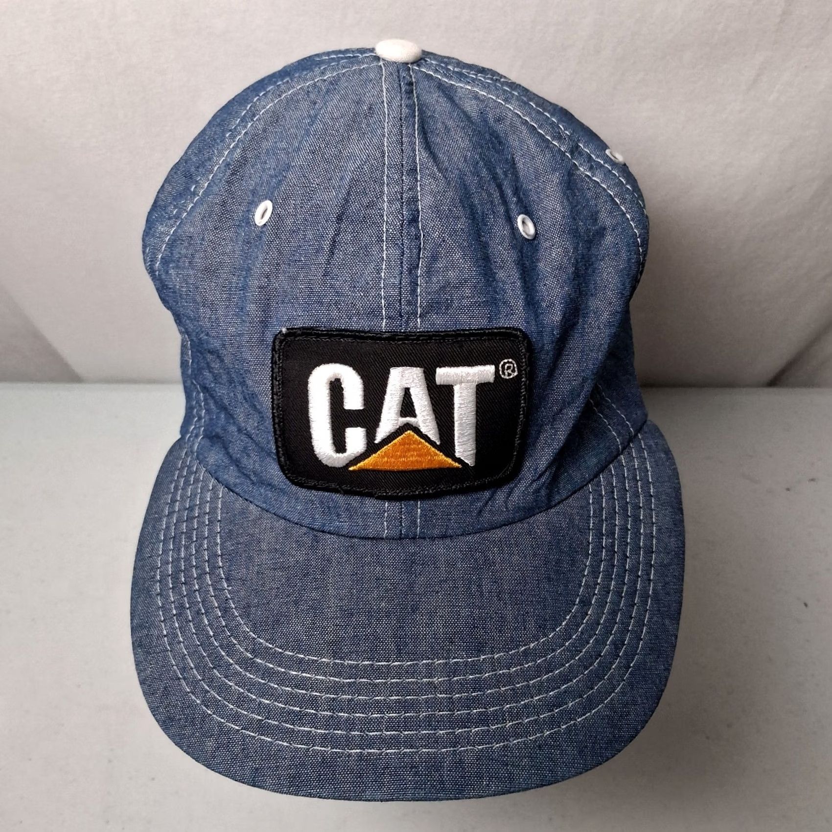 Caterpillar VINTAGE Caterpillar CAT Cap Hat Blue Chambray Denim Snap Back Work USA Size ONE SIZE - 6 Thumbnail