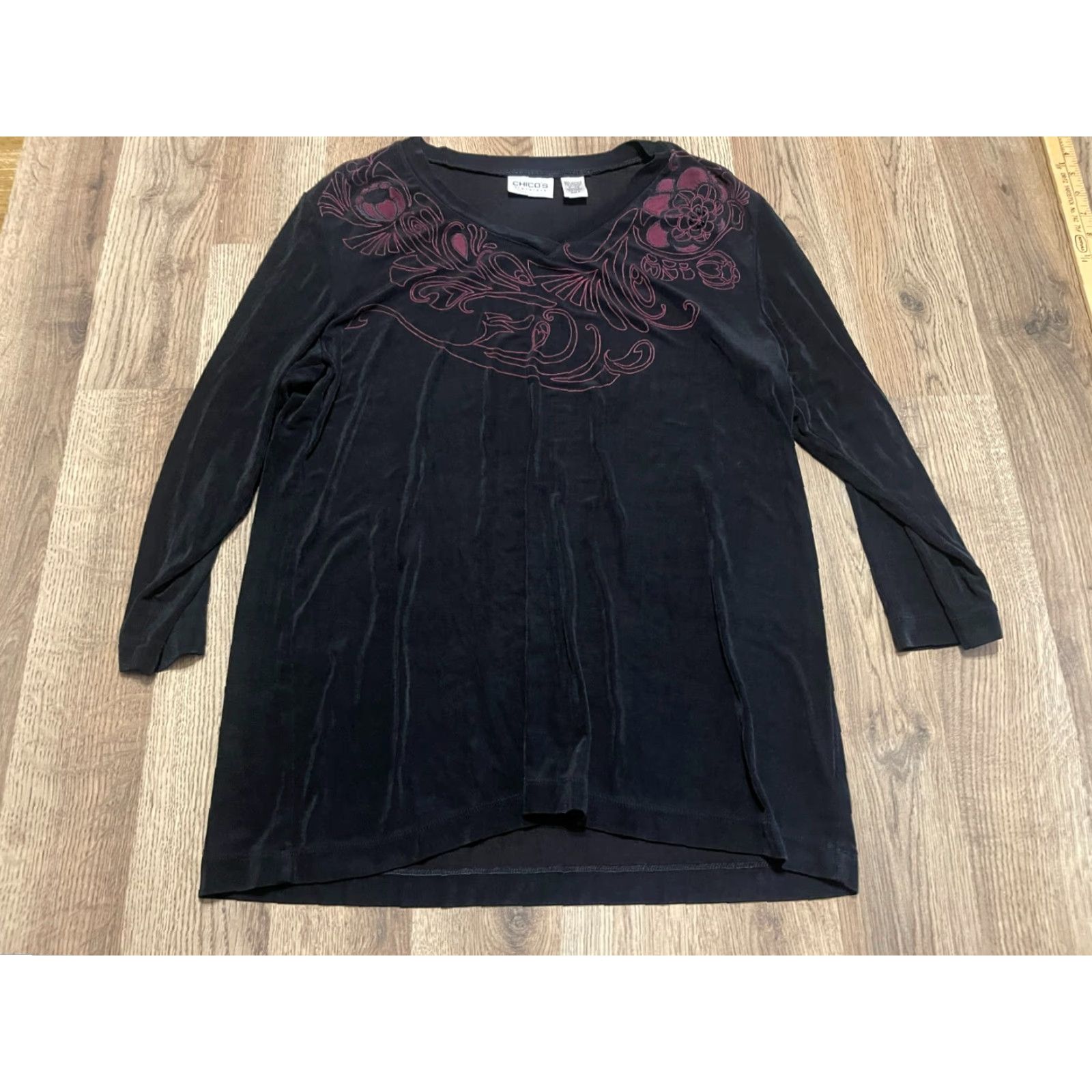 Vintage Chico's Shirt, Women's Large, Black, Floral, Paisley, Long Sleeve, T-Shirt, Regular Fit, Pullover, Casual, Fall Spring Summer, Womens Size L / US 10 / IT 46 - 2 Thumbnail