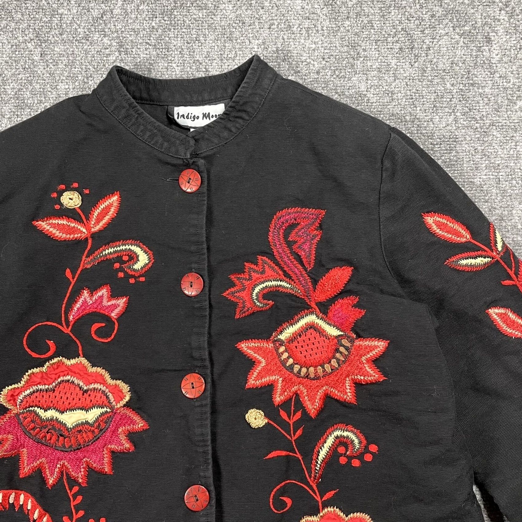 Vintage Indigo Moon Boho Jacket Large Black Red Gold Embroidery Cotton Asian Duster Coat Women Size L / US 10 / IT 46 - 2 Thumbnail