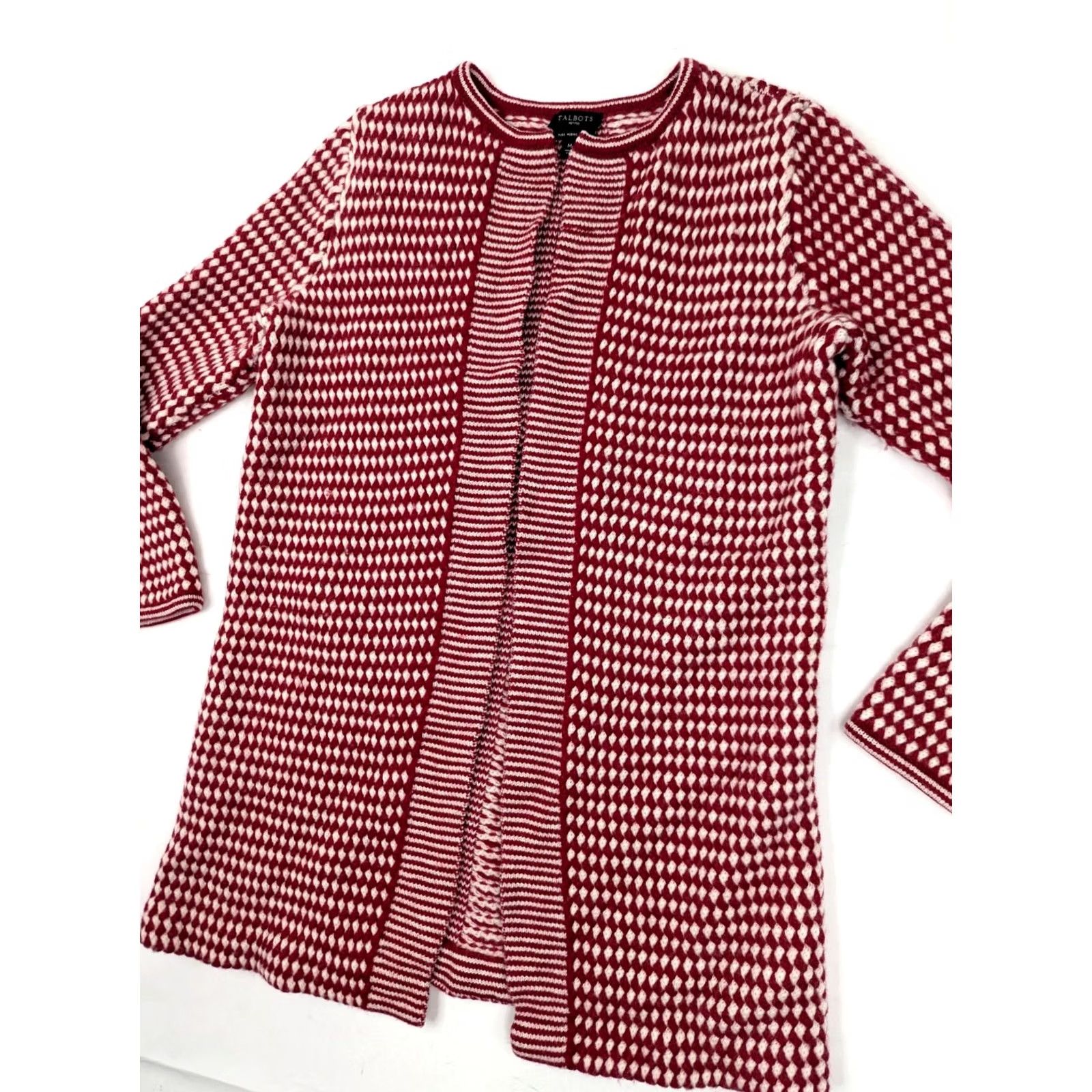 Talbots Talbots Cardigan Women M Petite Open Red White Merino Wool Argyle Knit Buttonless Casual Size M / US 6-8 / IT 42-44 - 2 Thumbnail