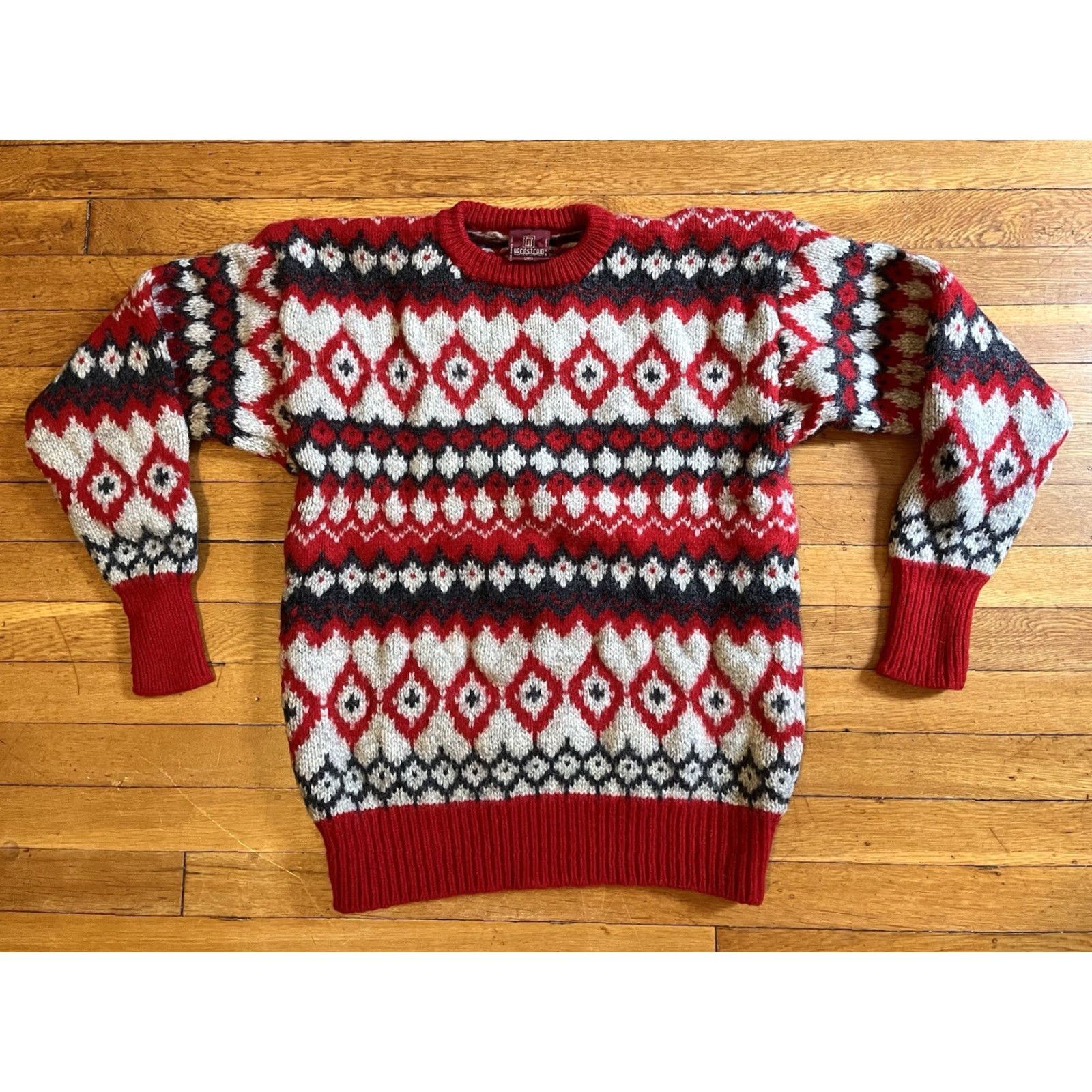 Nordstrom VINTAGE Nordstrom Shetland Wool Fair Isle Sweater Women’s Large Red White Size L / US 10 / IT 46 - 2 Thumbnail