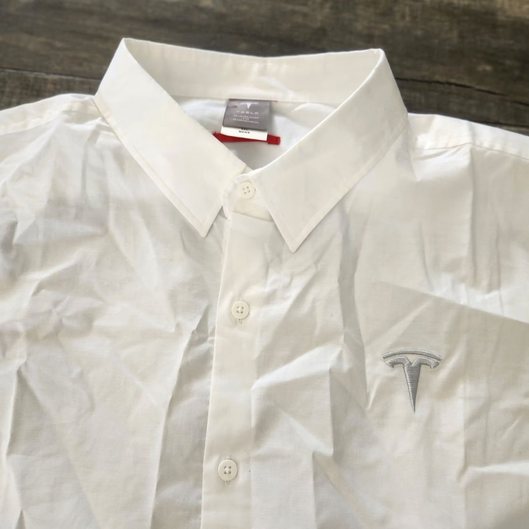 Vintage Tesla Automotive Dress Shirt Button Up Mens 2XL White Regular Spread Collar Button-Front Logo Embroidered Cars Size 48R - 3 Thumbnail