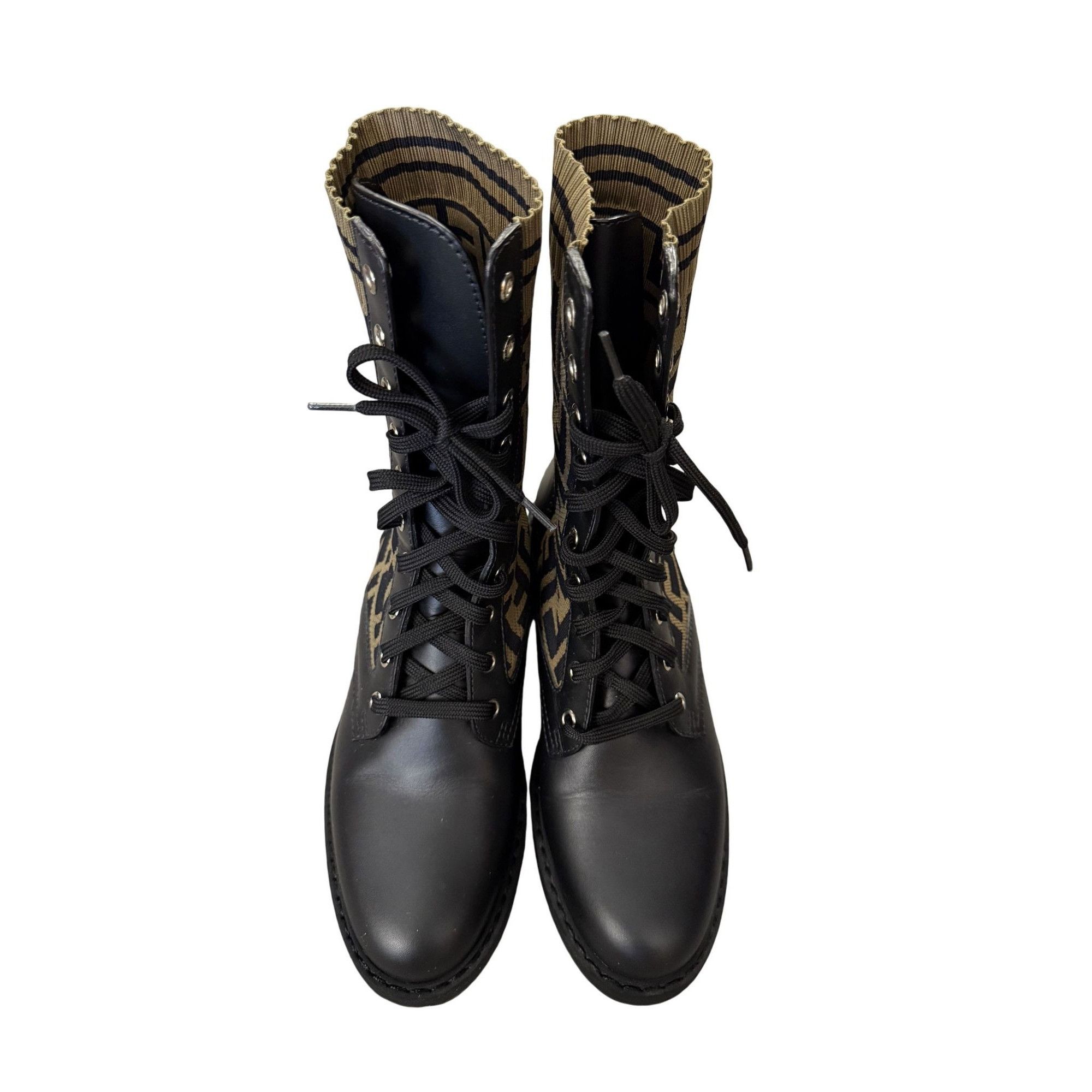 Fendi Fendi FF Logo Print Black Leather & Knit Lace-Up Combat Boot Size US 9 / IT 39 - 1 Thumbnail